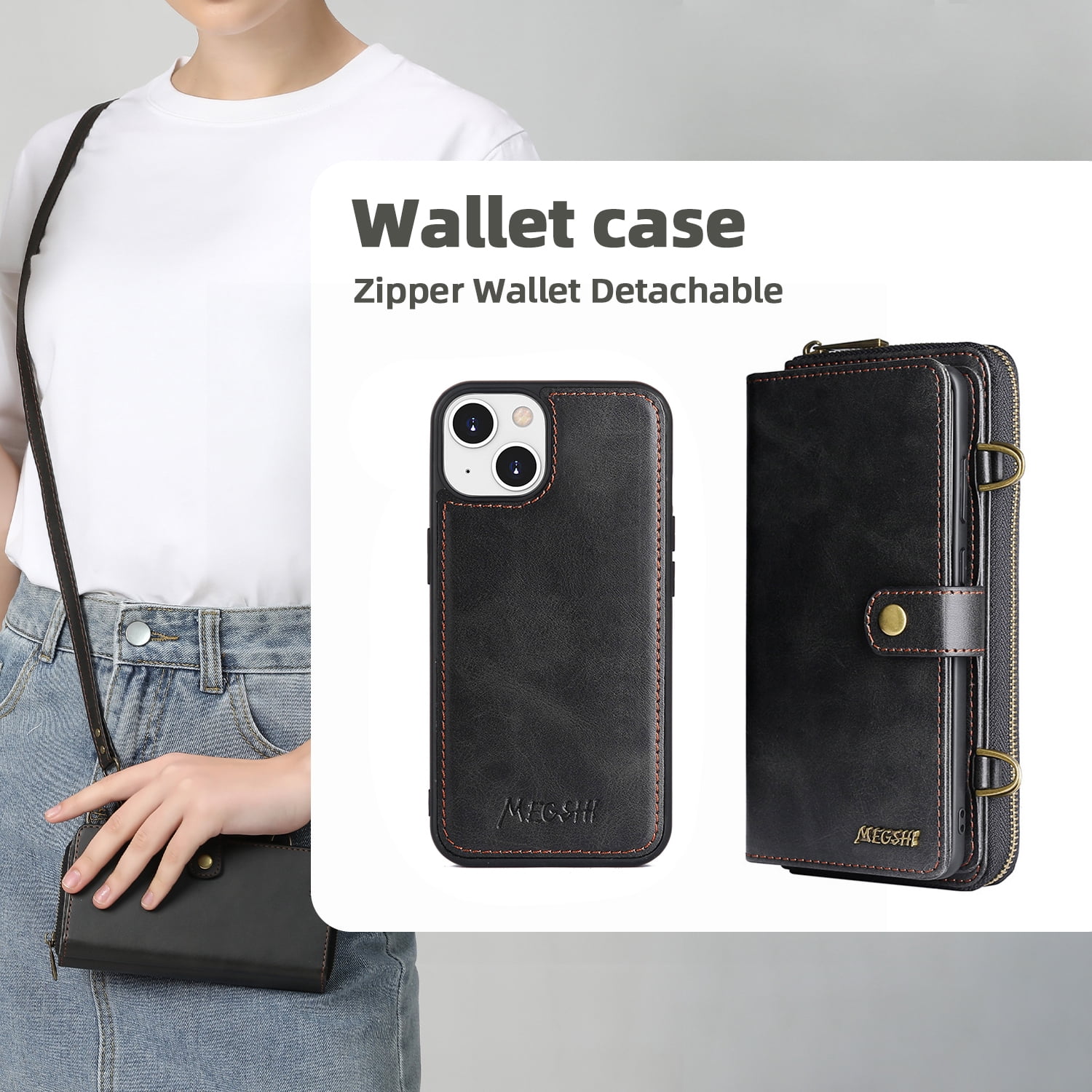 ELEHOLD Flip Wallet Case for iPhone 14 PU Leather Purse Case with Large Capacity 13 Card Slots Zipper Pocket Kickstand Magnetic Detachable Case Cross Body Shoulder Strap Shockproof Protective,Black