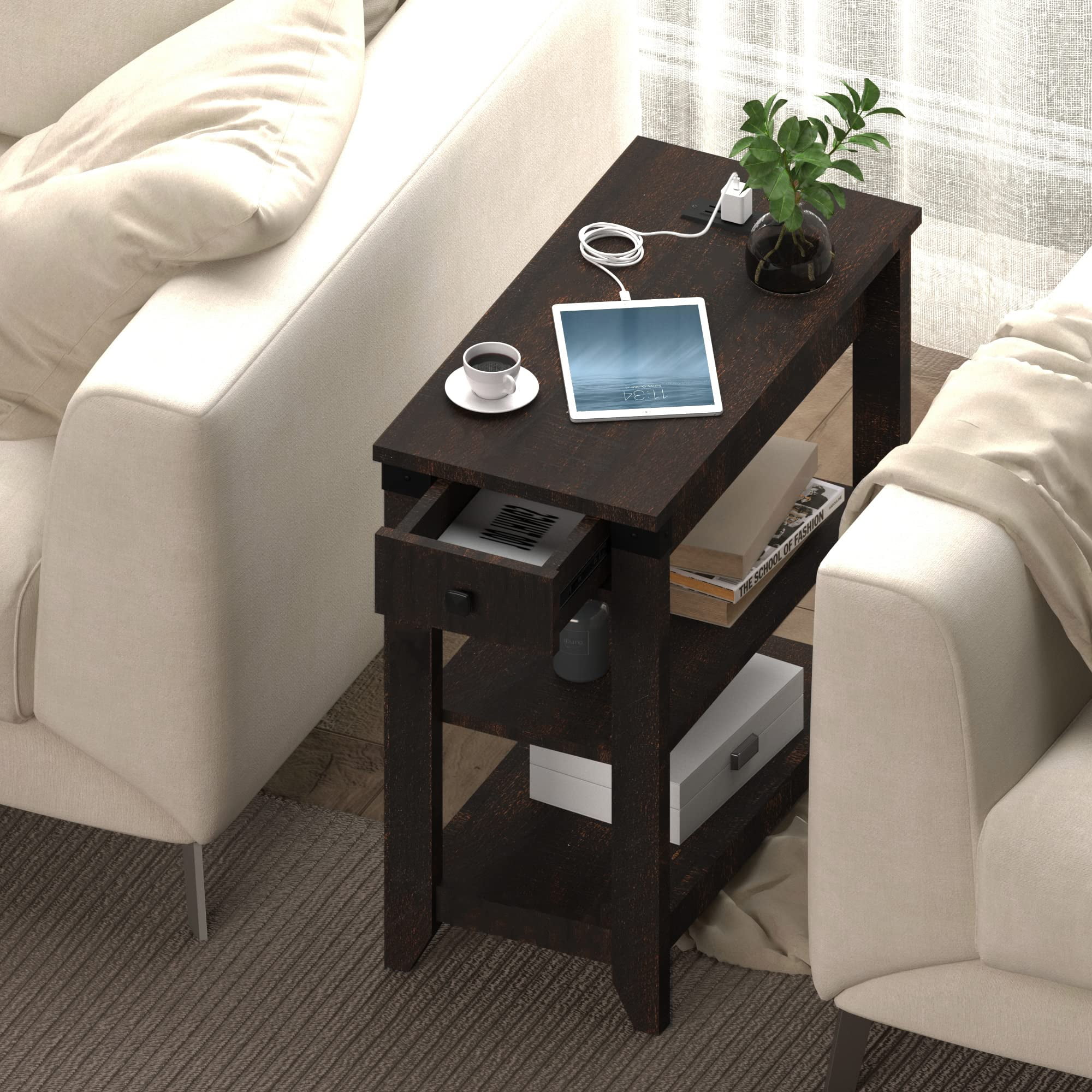 Narrow End Table with Charging Station Farmhouse End Table with USB