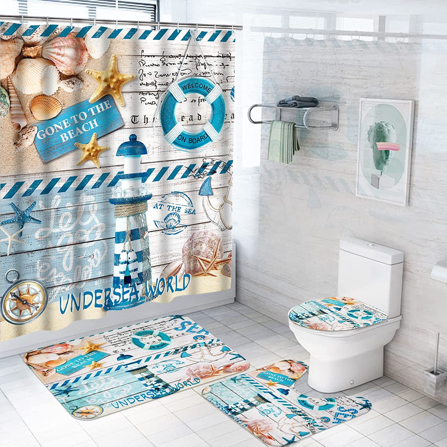 FRAMICS Nautical Beach Shower Curtain Set with Rugs, Blue Coastal