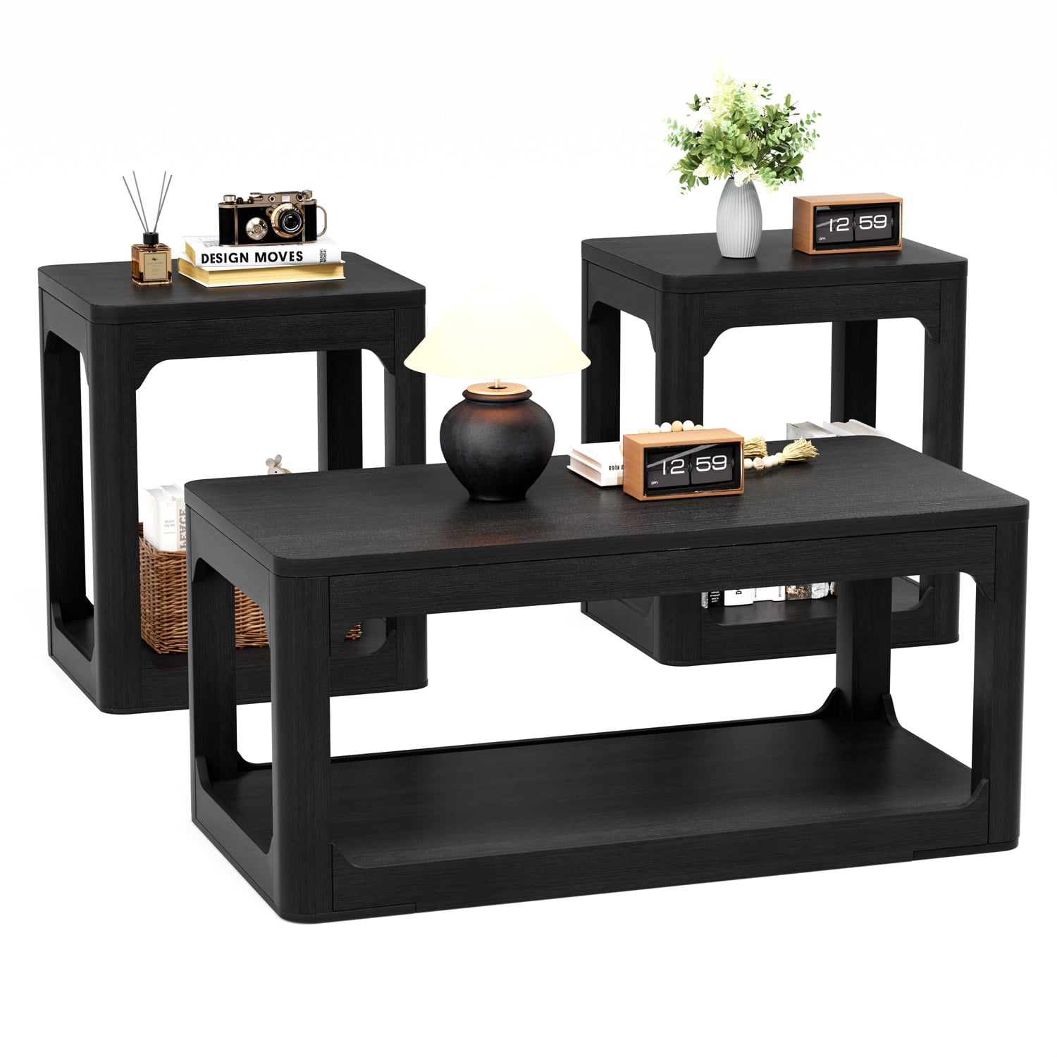 Hommoo Modern 3-Piece Coffee Table Set with Storage, Contemporary Living Room Furniture Set Including Coffee Table + 2 Side Tables, Matte Finish, Easy Assembly, Black
