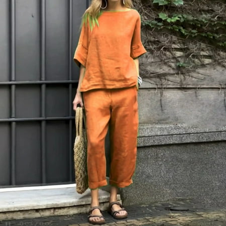 GXIPO Linen Two Piece Set Women Breathable Half Sleeve Top and High Waist Long Pants 2025 Summer Loungewear Orange 4XL