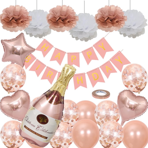 Set de globos para cumpleaños, oro rosa, mylar, champán, 34 unidades