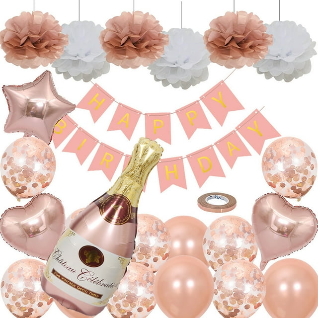 Set de globos para cumpleaños, oro rosa, mylar, champán, 34 unidades