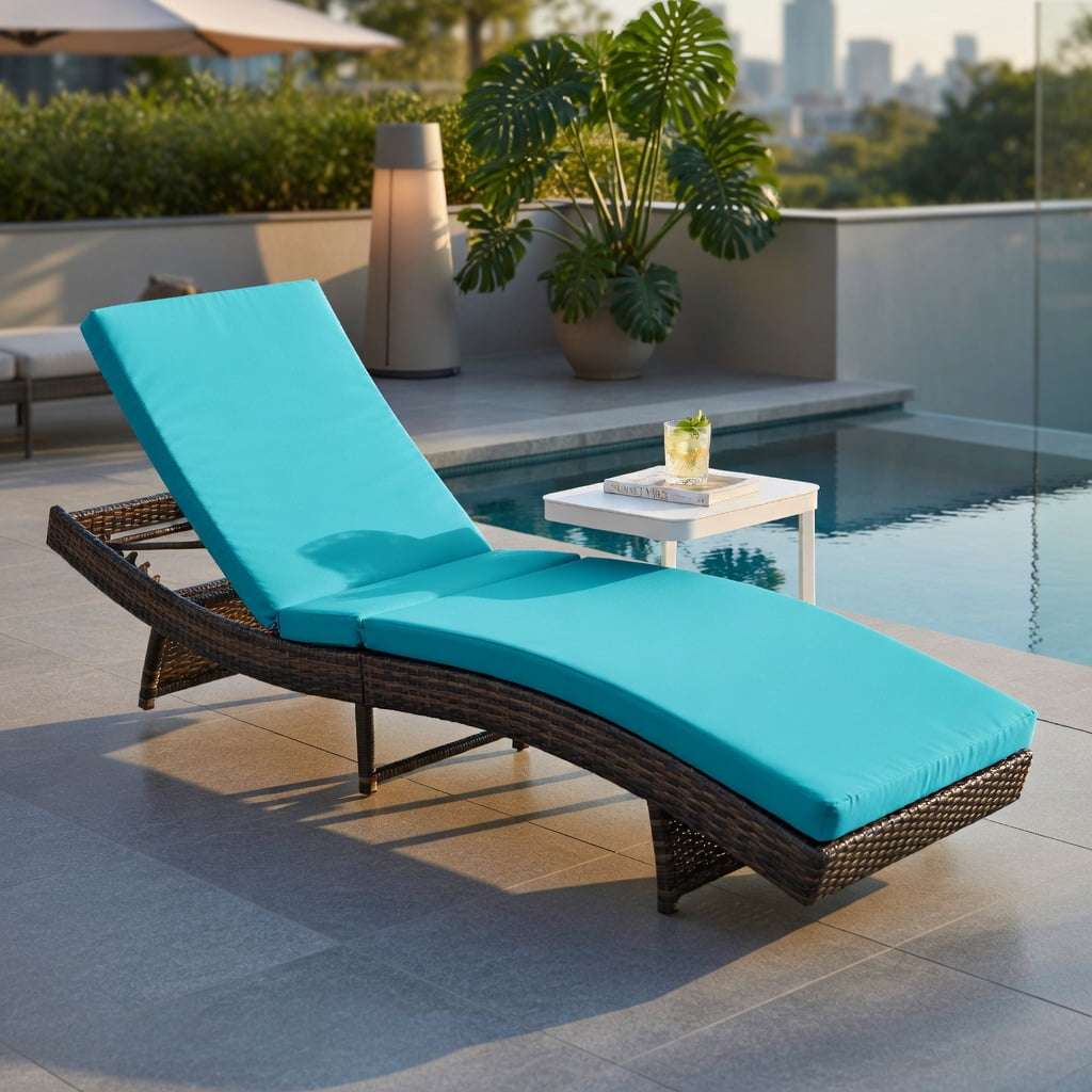 Hommoo Adjustable Folding Rattan Chaise Lounge Chair with Removable Cushion, Outdoor Patio, Poolside & Deck Lounger, Turquoise