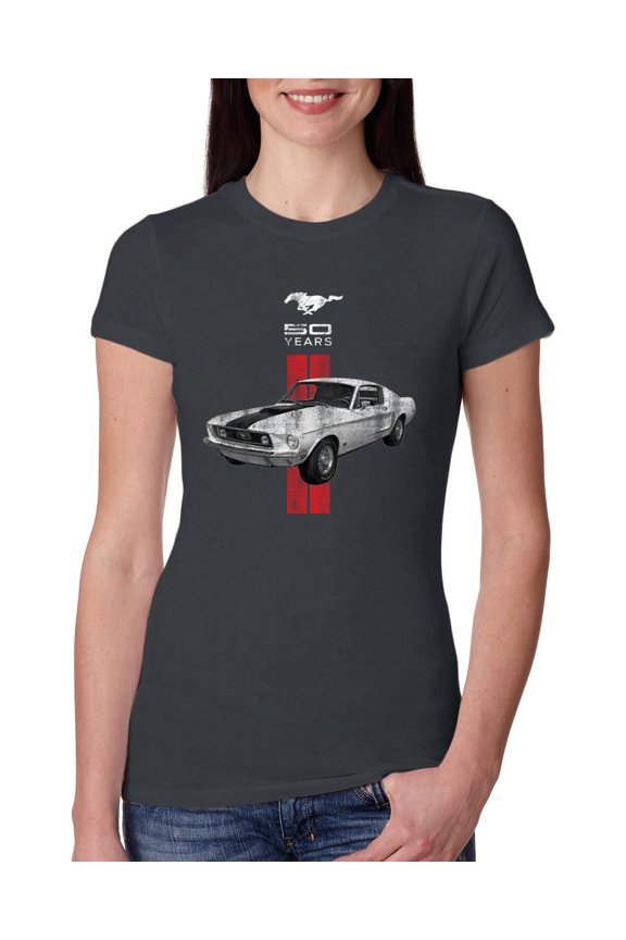 , Ford Mustang 50 Years, Cars and Trucks, Women Slim Fit Junior Tee, Dark Grey, Medium