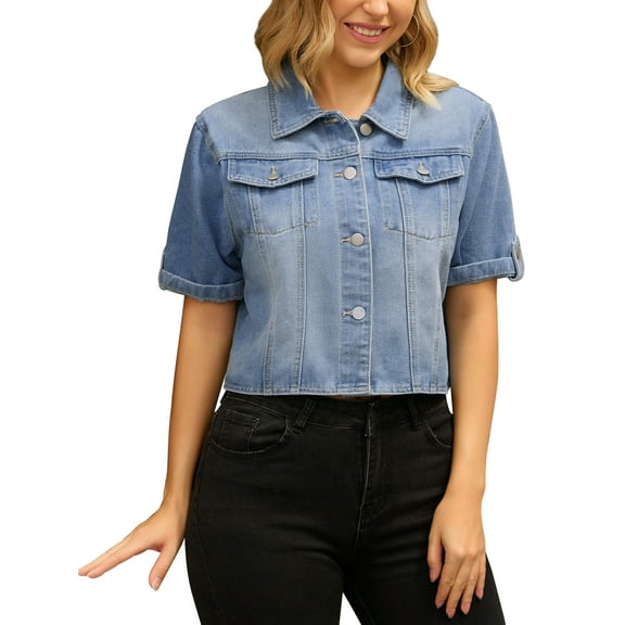 INSPIRE CHIC Women's Denim Casual Turndown Collar Short Sleeve Button Crop Jean Jacket S Light Blue
