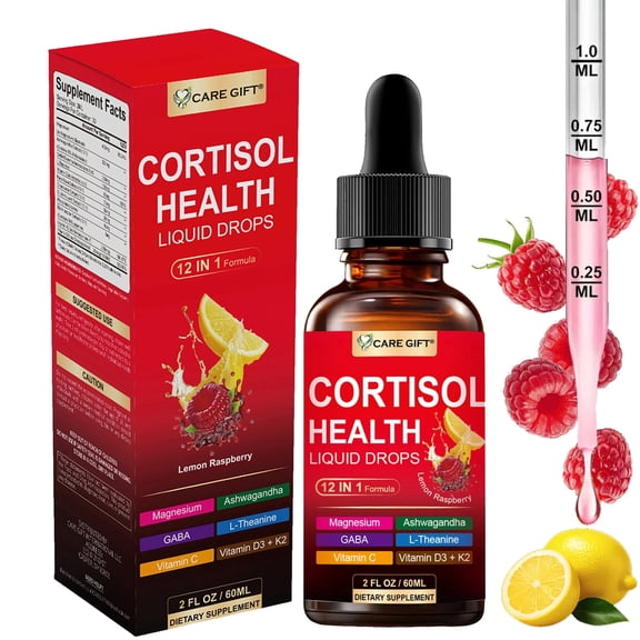 Cortisol Supplement Liquid Drops, 12-in-1 Cortisol Reducer for Women Men w/ Ashwagandha, Magnesium Glycinate, L-Theanine GABA for Relaxation Stress, Sleep Support Focus, Hormone Balance 2 Fl Oz