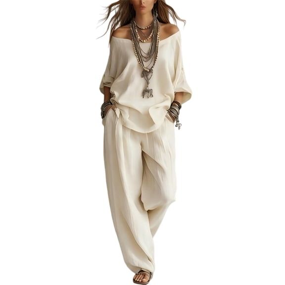 Women's 2 Piece Soft Fabric Outfits, Off Shoulder Oversized Tops & Wide Leg Pants Set, Casual Boho Loungewear for Vacation Summer Beach Travel Relaxed Fit | TruBelle,Beige L
