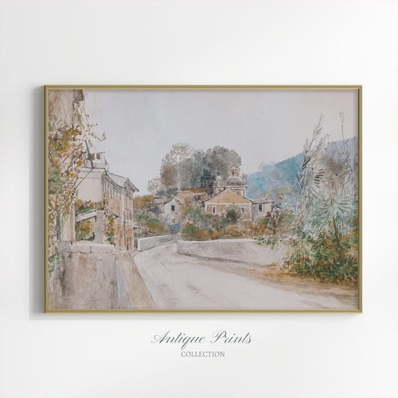 European Village Vintage, Antique Country Landscape Print, Farmhouse Wall Decor, Neutral Wall Art, Poster, Unframed Poster Size 8x12