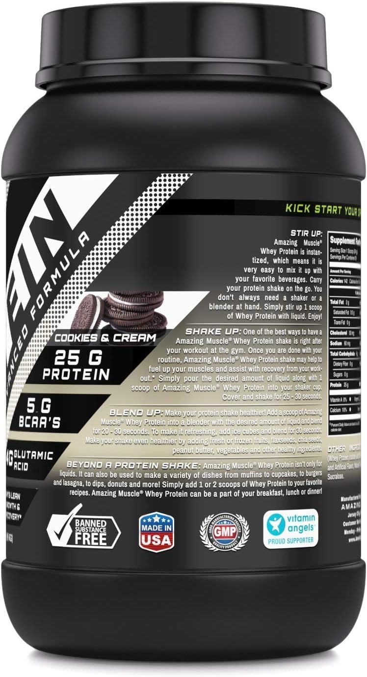 Amazing Muscle Whey Protein (Isolate & Concentrate) 2 Lbs Powder Supplement | Cookies & Cream Flavor | 26 Serving | Non-GMO | Gluten-Free | Made in USA