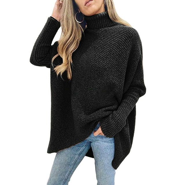FOCUSNORM Women Solid/Contrast Color Sweater Bat Sleeve Irregular Hem Pullover