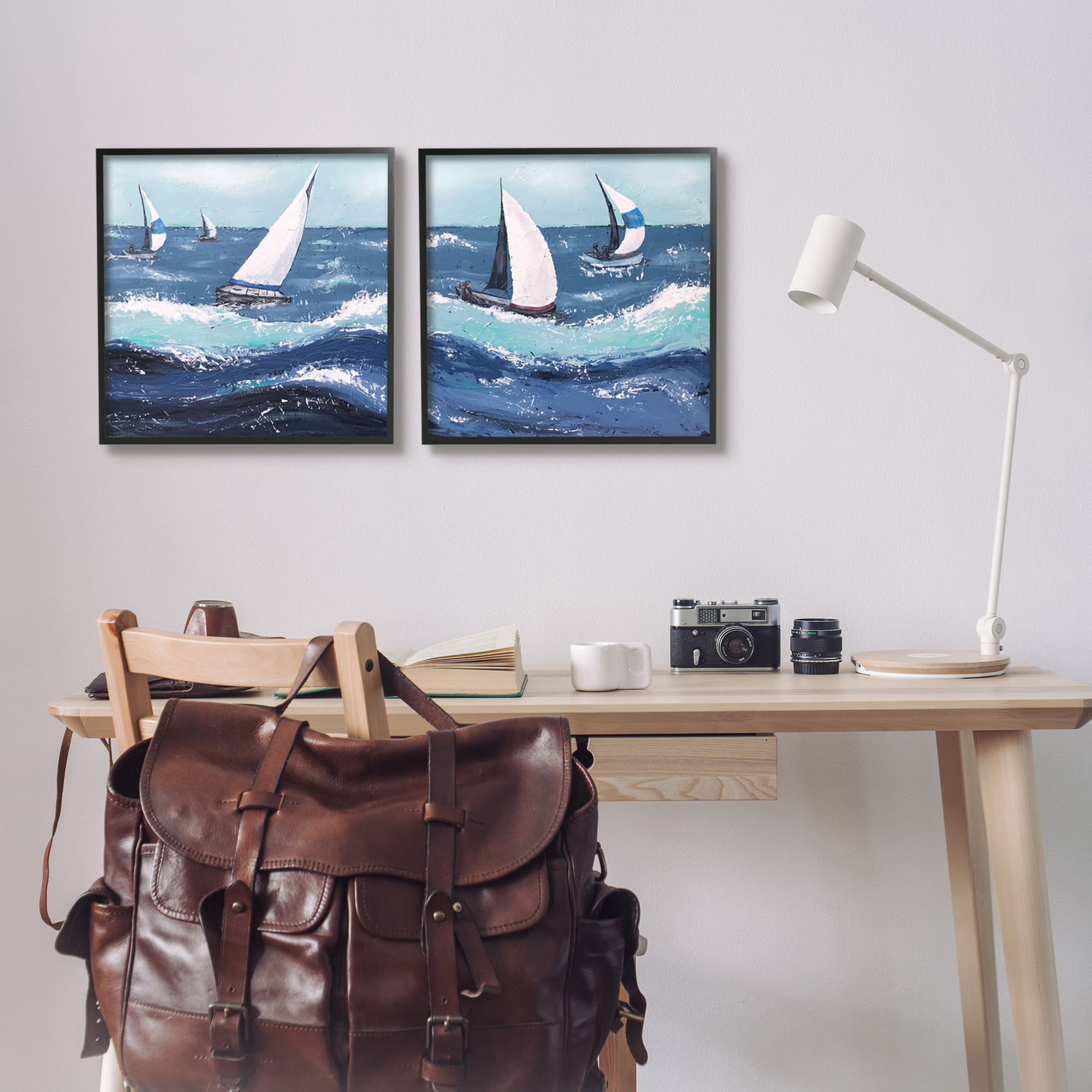 Stupell Sailboats Rough Ocean Waves Splash Landscape Painting Black Framed Art Print Wall Art, Set of 2