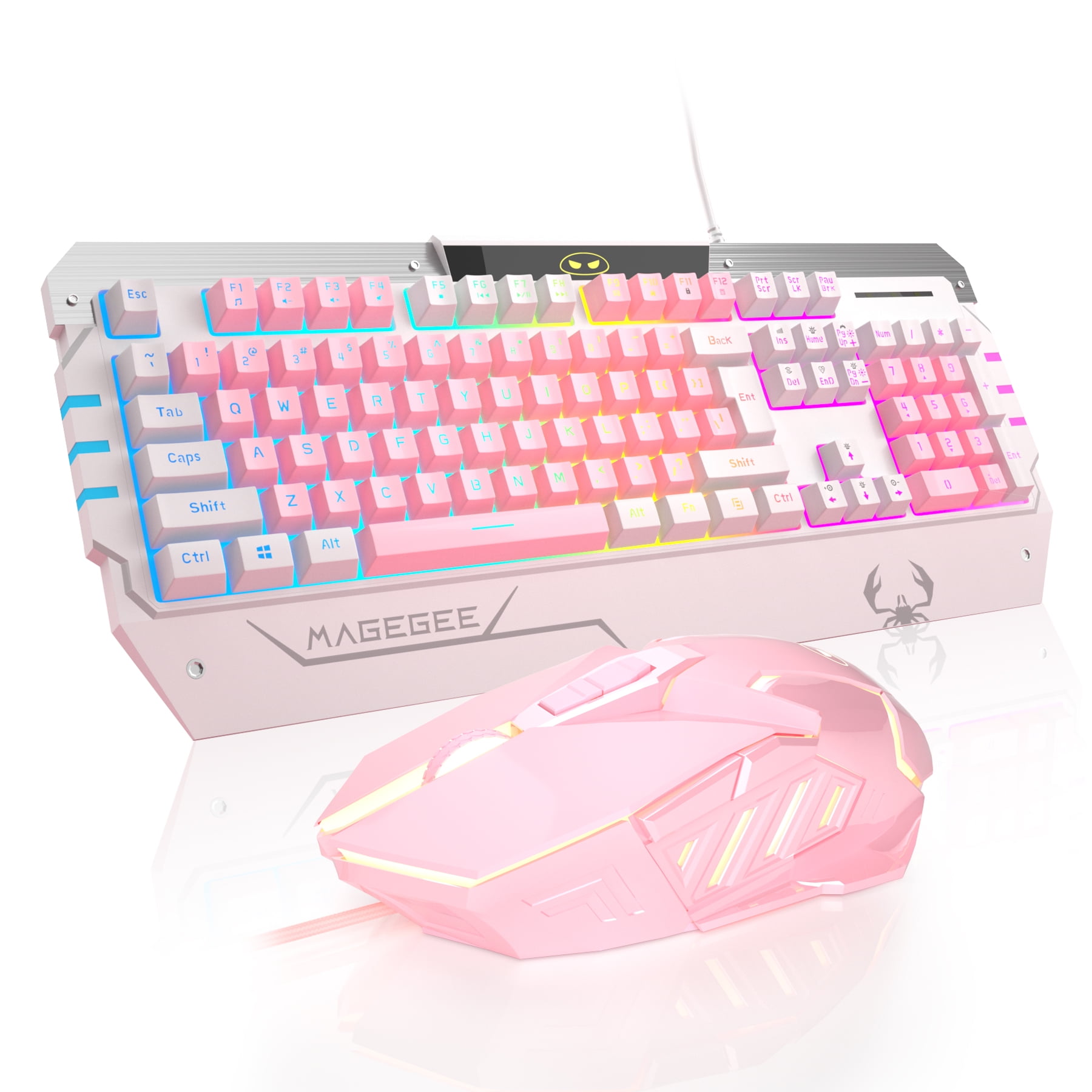 pink gaming keyboard and mouse combo,magegee gk710 wired backlight pink  keyboard and pink mouse for girl,pc keyboard and adjustable dpi mouse for  