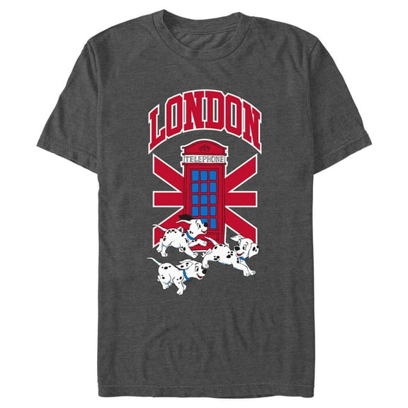 Men's One Hundred and One Dalmatians London Phone Booth Puppies Graphic Tee Charcoal Heather 3X Large