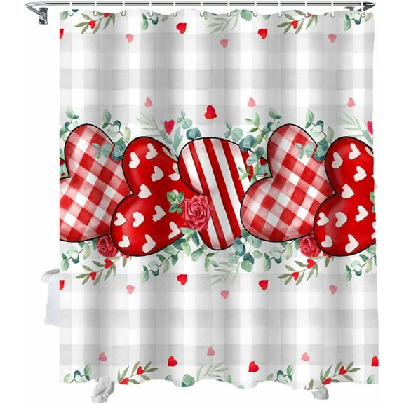 Valentine''s Day Shower Curtain Love Heart Rose Bathroom Curtains with Hooks, Waterproof Fabric Eucalyptus Leaves Plaid Shower Curtains Set Holiday Decor Gift 72x72 Inch