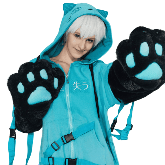Micotaku Women's Blue Cat Zip Up Hoodie with Detachable Furry Paw Gloves, S/M
