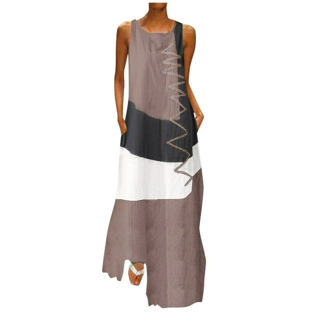 Outfmvch Robe Grande Taille pour Femmes, Sans Manches, Vintage, Patchwork, Bohème, Col Rond, Maxi Robe d'Automne