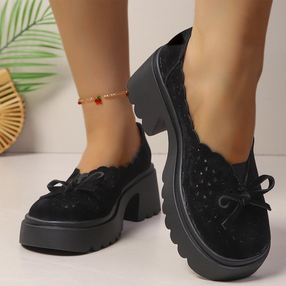 Women's Chunky Block Heel Loafers, Platform Lug Sole Tassel Bowknot Accent Patent Glossy Leather Finish Square Toe High Stable Heels Dress Shoes Retro Modern Chic Oxfords,Black 5.5