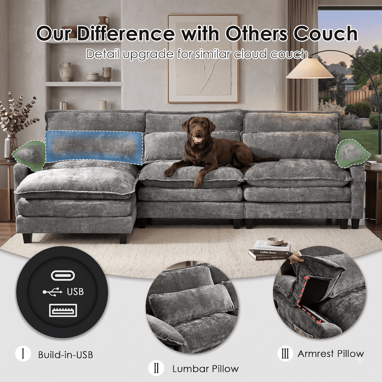 148" Convertible Cloud Sectional Sofa, Modern Chenille L Shaped Couch with Reversible Chaise, Deep Seat 6 Seat Sectional Sofa with Pillows, Comfy Upholstered Couch for Living Room Apartment (Grey)