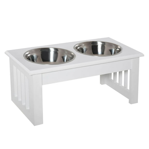 Wooden Dog Bowls Elevated Stand with 2 Stainless Steel Bowls - Non-Slip Dog Feeder for Small & Miniature Breeds - White Finish