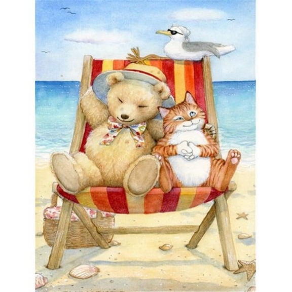 Summer Teddy Bear & Cat on Beach Flag Canvas House Size