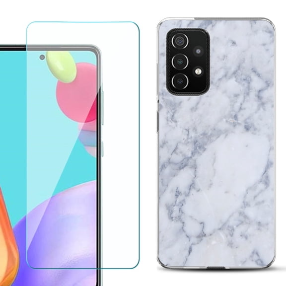 Slim-Fit Flexible Gel TPU Phone Case compatible with Samsung Galaxy A52 5G, with Tempered Glass Screen Protector, by OneToughShield ® - Marble / Clouds