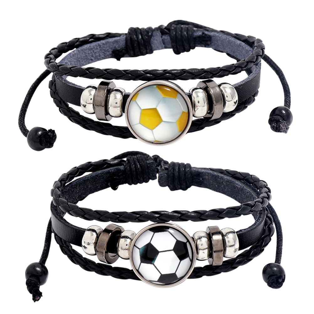 Funky Beaded Football Charm Leather Bracelet, Men's Adjustable Braided  Soccer Bracelet