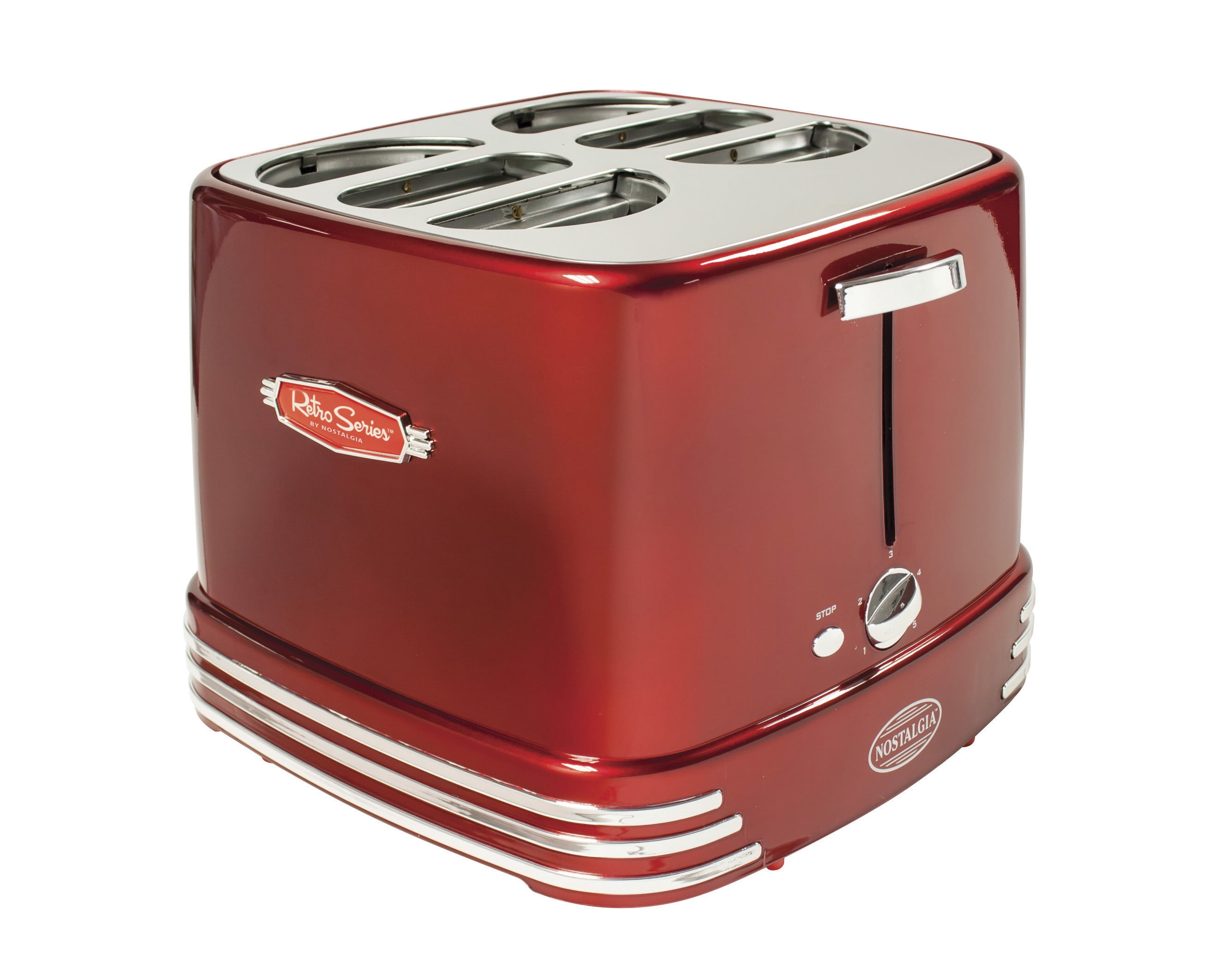 Nostalgia 4-Slot Retro Pop-Up Bun and Hot Dog Toaster with Slide Out Drip Trays and Mini Tongs, Red
