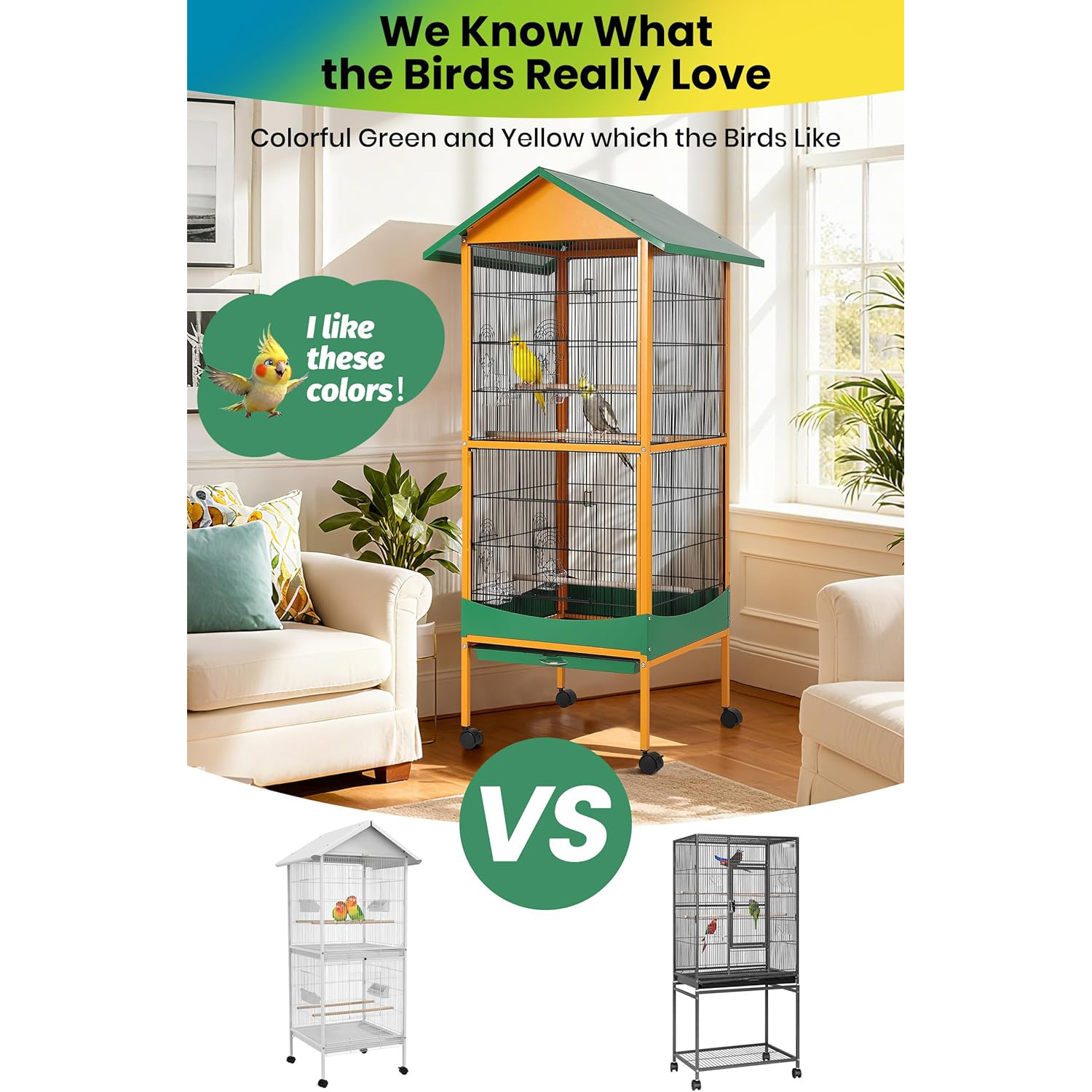 Shininglove 66" Extra Large Bird Cage w/Waterproof Roof & Lockable Wheels - Easy Clean Detachable Tray for Macaw, Parakeet, Conure Indoor Outdoor