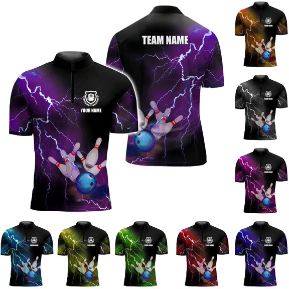 Personalized Bowling Jersey 3D, Bowling Shirts for Team, Bowling Shirt Unisex for Men Women, Bowling Polo Shirts (Purple, S)