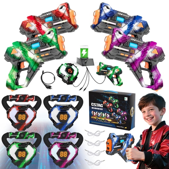 Huge Wave Shooting Tag Set of 4 with Vests & Back Receiver, Rechargeable Indoor & Outdoor Family Games Teens Group Activity, Birthday Gift for Kids Ages 6-12