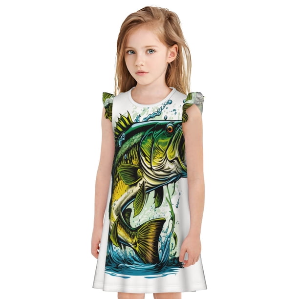 Balery Big bass fish Camisón de princesa para niñas, pijama de algodón con mangas abullonadas, suave y bonito.-Medium