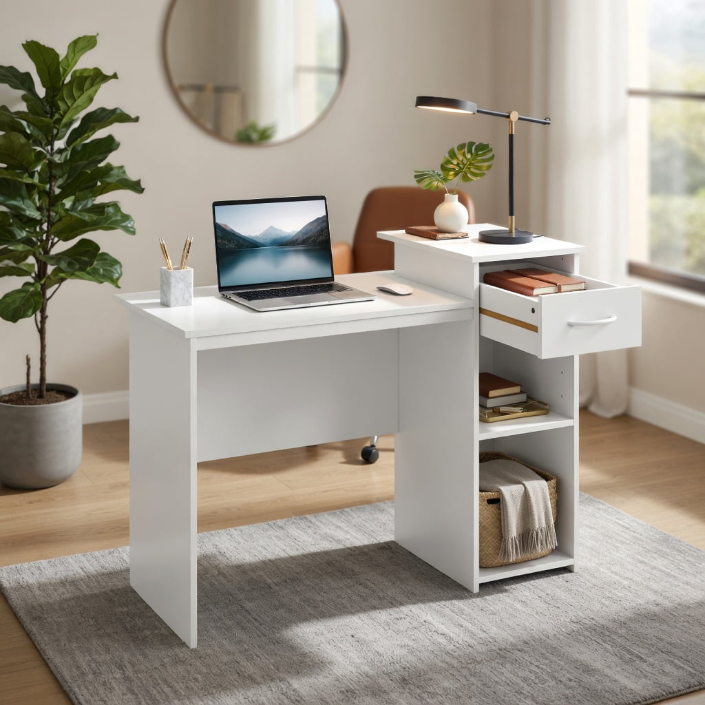 Yardi Yard Computer Desk with Drawer Modern Laptop PC Desk with Adjustable Shelf and Cable Hole-White, Computer Desk, Gaming Computer Desks for Study,Working,Writing