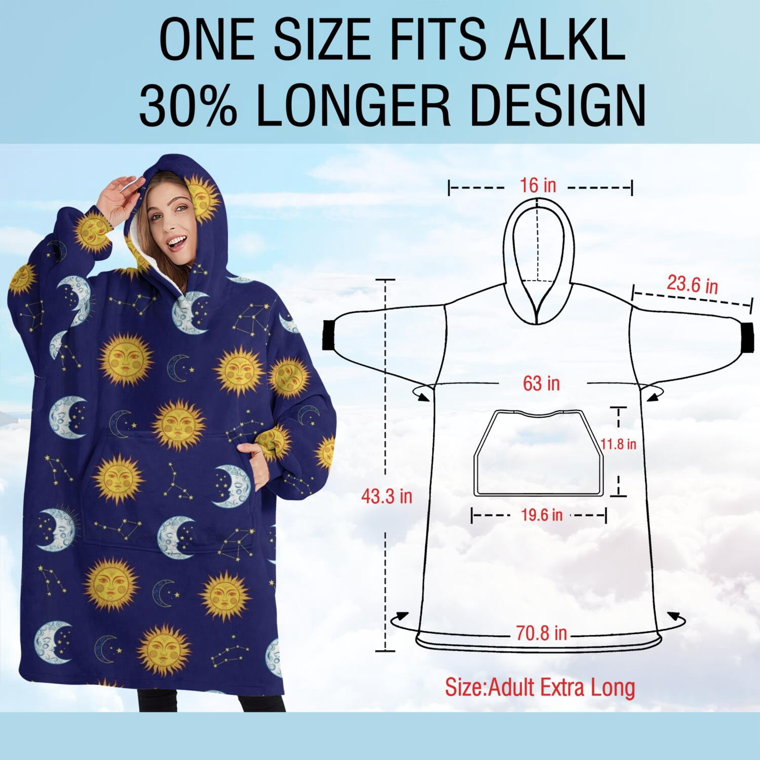 Oversized Wearable Blanket Hoodie,Blue Sun Moon Constellation Pattern Sherpa Blanket Hoodie with Super Pockets,Super Warm Fuzzy Pullover for Women & Men
