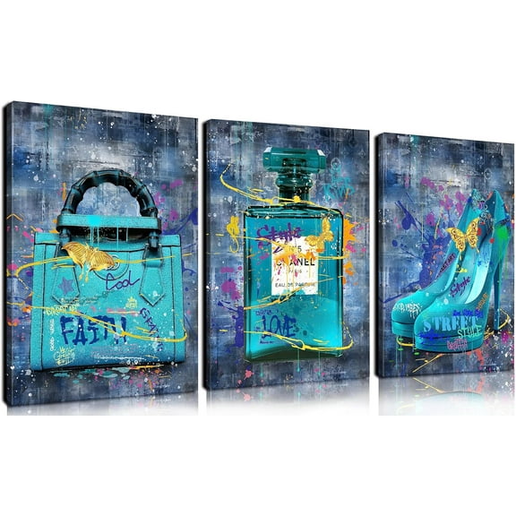Perfume Teal Wall-Art For Bedroom - 3 Piece Wall Art - Handbag Fashion Wall Decor High Heels Pictures Ready To Hang Size 12" x 16"