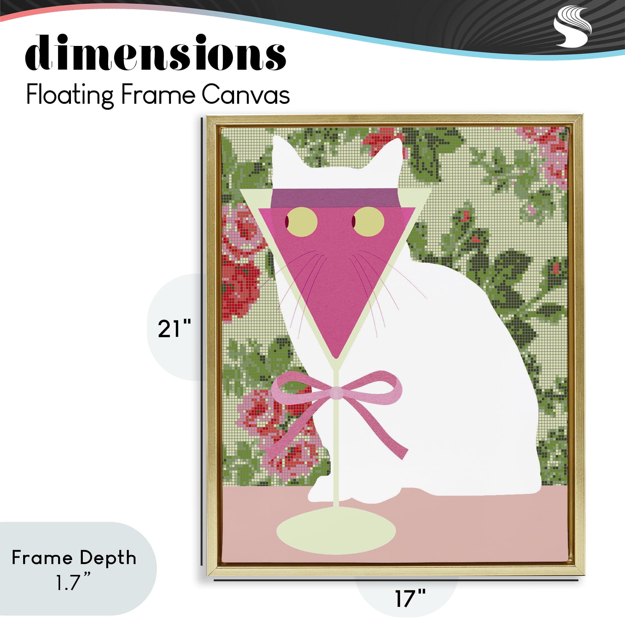 Stupell Industries White Cat with Pink Martini Gold Framed Floater Canvas Wall Art, design by Lil' Rue