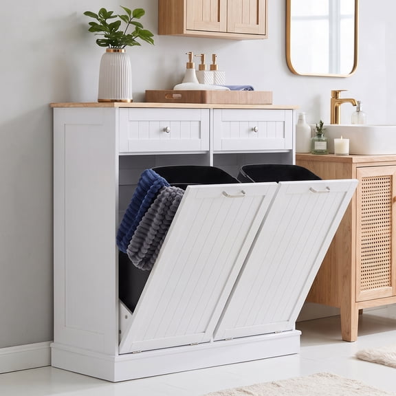 AHB Double Tilt Out Trash Cabinet with Drawers and Handles, Fits Two 13 Gallon Trash Bins, Kitchen Trash Can Storage Organizer, 40"L x 13"W x 36"H, White/Light Brown Top