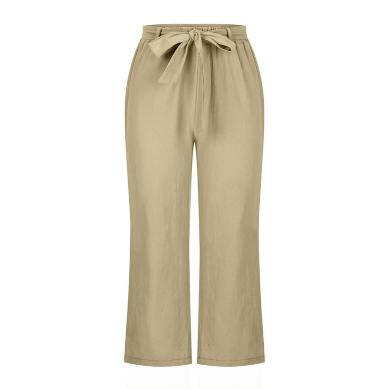Capri Pants for Women Fashion Solid Color With Pockets Plus Size Cotton  Linen Drawstring Wide leg Casual Loose High Waist Capri Pants 