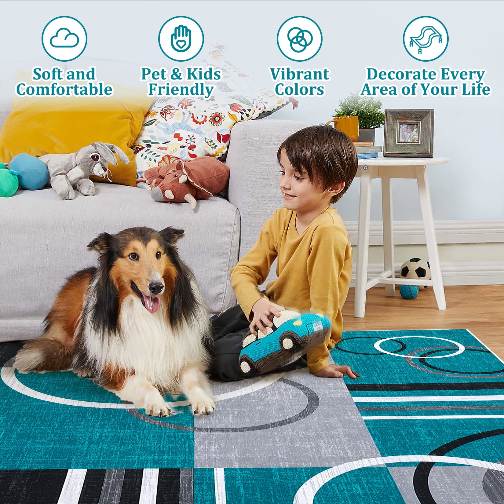 Garvee Modern Geometric Area Rugs 5'x7' Living Room Rugs, Abstract Washable Rug Non-Slip Soft Indoor Throw Carpet Stain Resistant Rug for Dining Room Bedroom, Blue Green