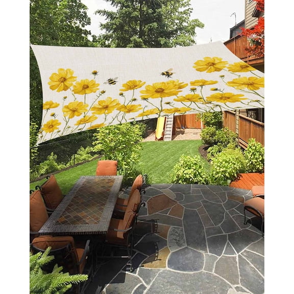 Sun Shade Sail 8'x10' Yellow Floral Rectangle Sun Shade Sails Canopy Waterproof Flower Bees Linen Outdoor Sunshades Sand UV Block Cover Shades Cloth for Patio Backyard Garden Deck Porch Lawn