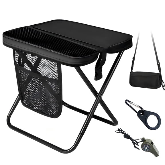 Portable Folding Black Camping Stool - with Shoulder Strap, Water Bottle Loop & 3-in-1 Whistle, 260 lbs Capacity - Ideal for Hiking, Fishing, Picnic & Camping