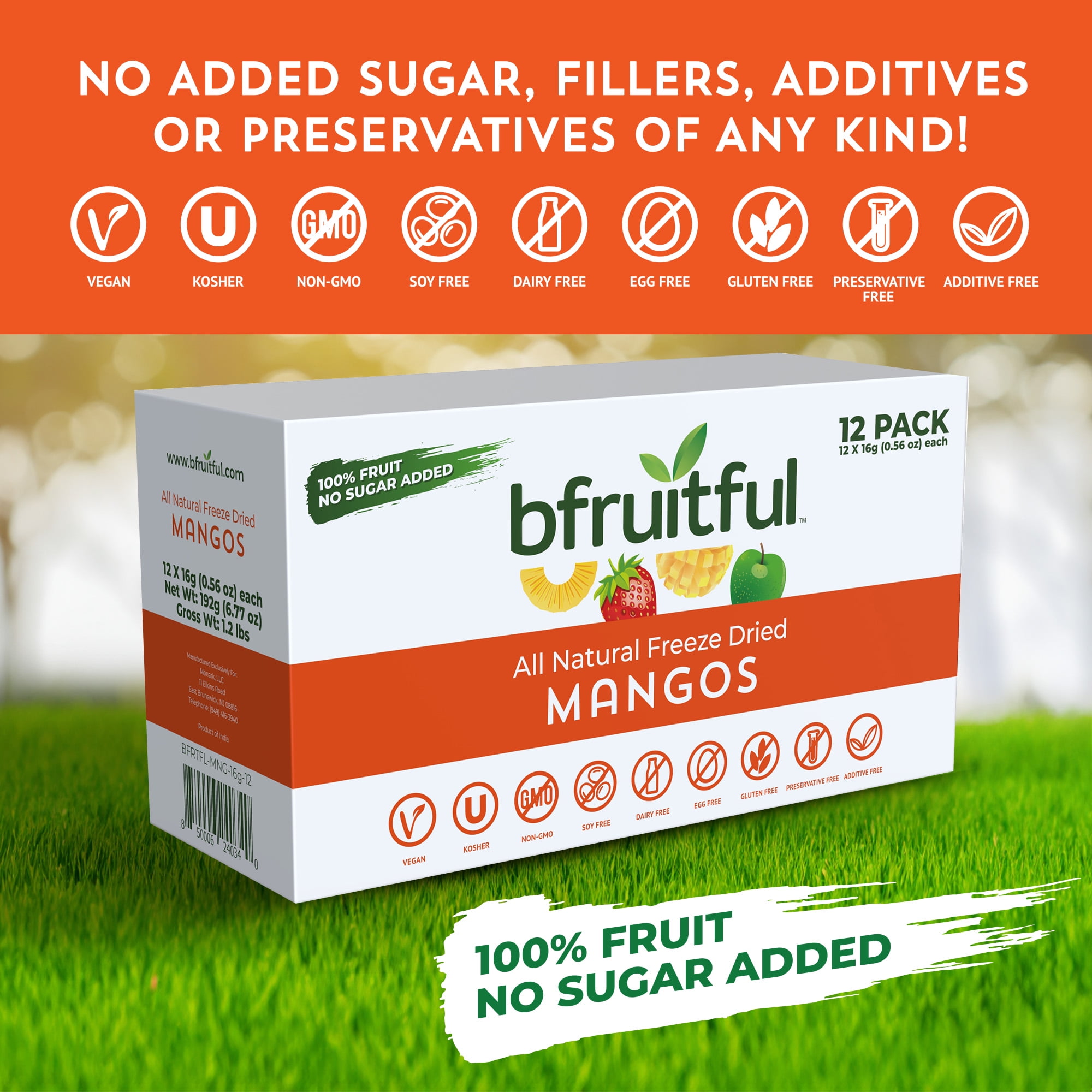 bfruitful Freeze-Dried Mangos, 12-Count Bags, Gluten Free Dried Fruits