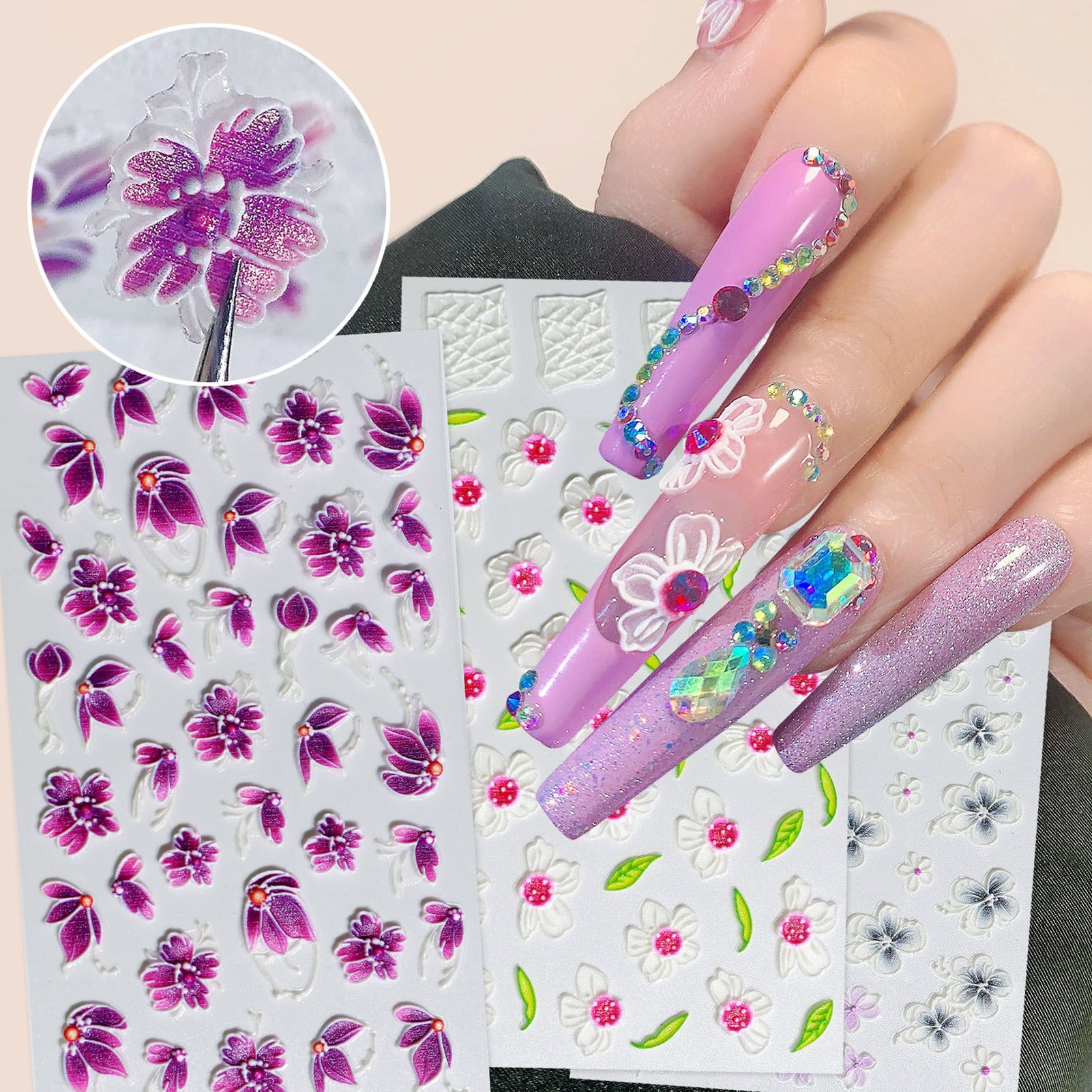 Embossed Nail Sticker Fashion Flower Leaf Pattern DIY Nail Art 5D Nail