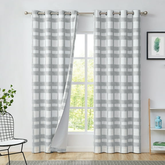 Uptown Home White Gray Plaid Blackout Curtain Energy Efficient Window Curtain Panel for Living Room Farmhouse Buffalo Check Geometric Drape,50"x84"x2,Grommet Top