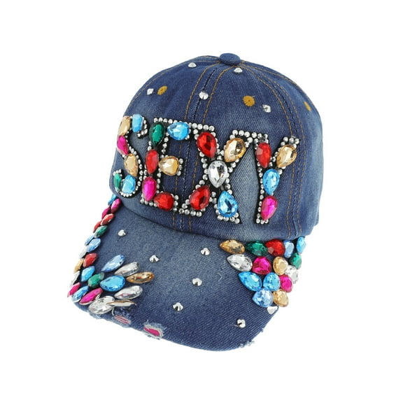 Top Headwear Sexy Multicolor Gemstone Distressed Denim Baseball Cap