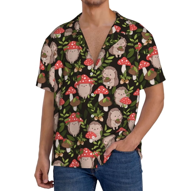 Balery Edgehog and Mushrooms Camisa Casual de Manga Corta con Botones para Hombre, Texturizada, Estilo Cubano, para Playa, Verano-Medium