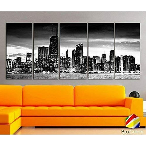 Original by BoxColors XLARGE 30"x 70" 5 Panels 30"x14" Ea Art Canvas Print Chicago Skyline night Downtown Black & White Wall Home office decor interior (framed 1.5" depth)