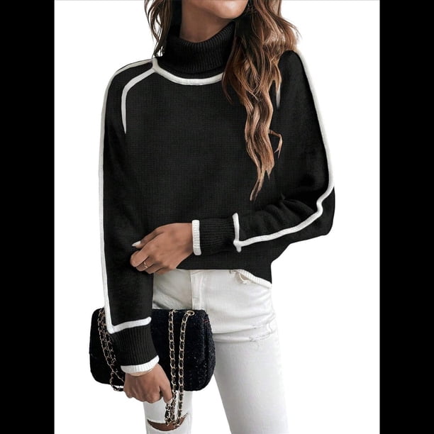Suéteres de Otoño para Mujer, Modernos, Bonitos y Acogedores, de Cuello Alto, de Larga y Punto con Bloques de Color. Negro L