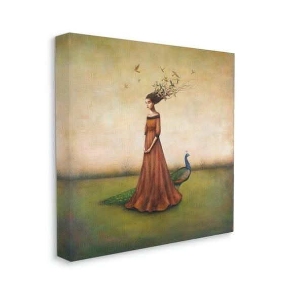 Beauty and Birds in Her Hair Woman and Peacock Illustration Abstract Gallery-Wrapped Canvas Print Wall Art, 17x17