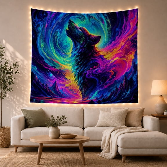 Cosmic Howling Wolf in Psychedelic Swirls, Mystical Celestial for Nature Lovers, Wildlife Wall Art, Housewarming Gift Tapestry Wall Hanging for Bedroom, Living Room and Dorm